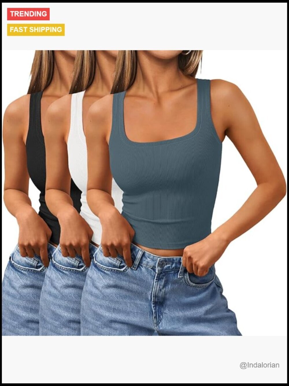 3 Pack Square Neck Ribbed Cropped Tank Tops Soft Stretchy Workout Camisoles